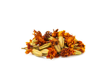 Assortment of dry herbal and berry tea isolated on a white background. Tea party concept. medicinal herbs. Healing herbs.Alternative medicine.Linden, calendula, cornflowers, marigold, tansy, tea rose.