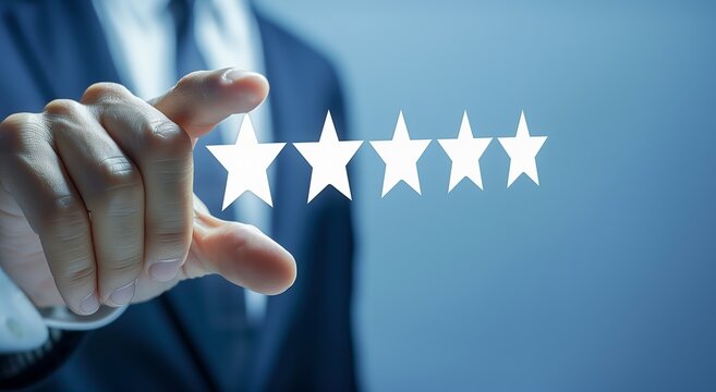 Close-up of a man's hand giving a five-star rating. Concept of satisfaction and excellence, as the man is giving a high rating to something or someone.