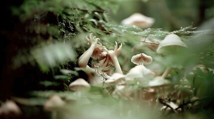   A zoomed-in image of a cluster of mushrooms sprouting from a tree, with a human hand stretching towards them in the foreground
