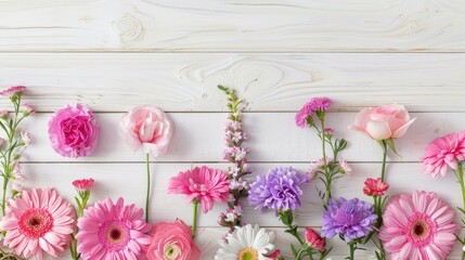 White Wood With Flowers. Pink and Purple Floral Border on White Wooden Background