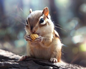 Animal Eating: Cute Chipmunk Enjoying Nut in Wild Nature Habitat