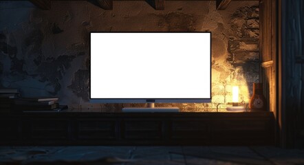 On TV. Blank White LED Display Mockup in Stylish Interior Design