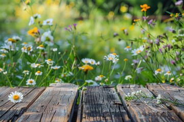 Wooden Background With Wildflowers: A Picturesque Picnic Setting in a Spring Garden