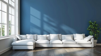 Modern Living Room with Blue Wall. Interior Design of Contemporary White Furniture