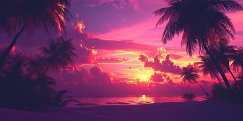 Serenity at Dusk: Purple and Orange Sunset with Palm Tree Silhouettes