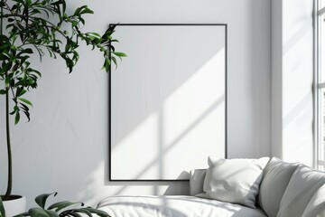 Mockup Picture. Interior Design with Minimalistic White Frame in Modern Scandinavian Style Room
