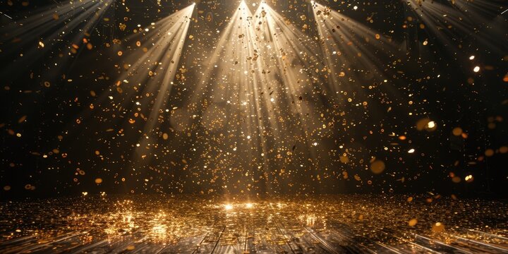 A dark room filled with golden confetti. Ideal for festive backgrounds