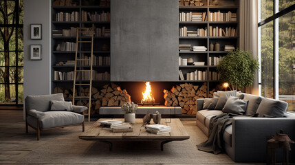 A cozy living room with a fireplace, showcasing a gray sofa, a wooden coffee table, and shelves filled with books.