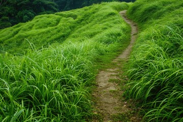 Obraz premium Grass Path. Central Walking Way in Green Nature Park Background