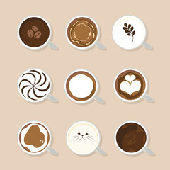 Hot coffee menu in a cute mug. Top view. Latte, cappuccino, Americano, espresso, mocha, cocoa, sponge. Vector illustration. Easy to edit.