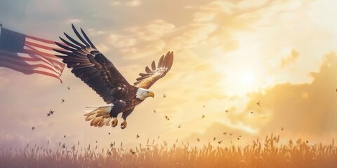 Naklejka premium National symbol of the USA, Eagle With American Flag Flies In Freedom, American Flag Celebrations, Memorial Day