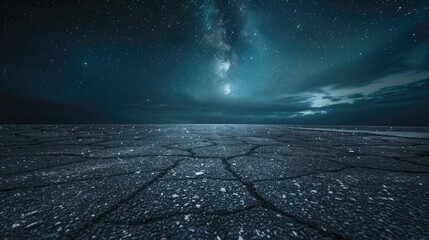 Night Horizon. Black Asphalt Floor with Clear Night Sky Background