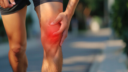 Runner Experiencing Knee Pain with Inflammation Highlighted in Red During Outdoor Exercise