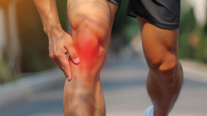 Athlete Holding Painful Knee with Visible Red Inflammation During Outdoor Workout