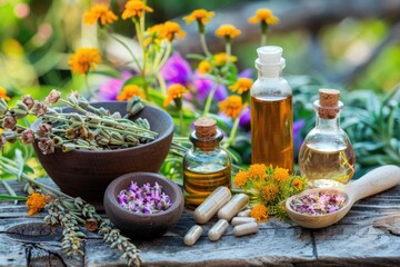 Natural homeopathic remedies for illness, including herbal supplements, essential oils, and organic ingredients.