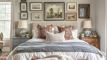 A bedroom featuring a spacious bed with images adorning the wall