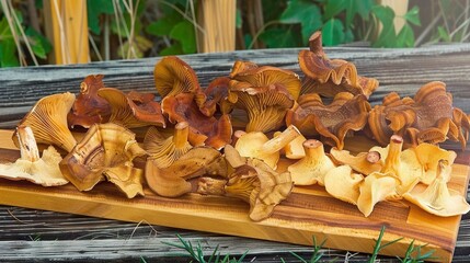   A collection of mushrooms atop a wooden cutting board on a table beside a bush