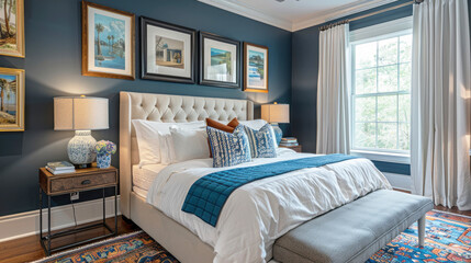 Interior of bedroom featuring blue walls and a white bed