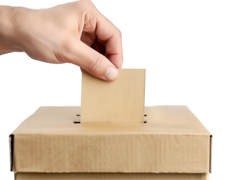 Hand holding a vote with ballot box on transparent background