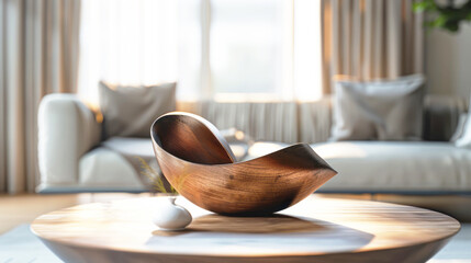 A wooden bowl resting on a wooden table
