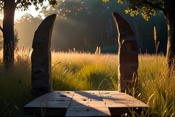 Chair in field. A stone portal reveals a chair on a wooden deck in a field of shimmering grasses with the sun rising or setting through the trees. Concept for story telling or an interview or just a p