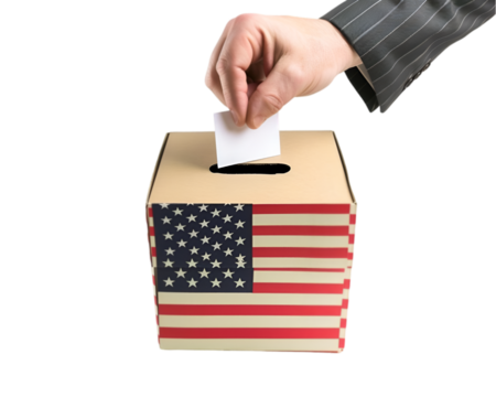 Person putting an American vote in ballot box. USA general election concept on transparent background