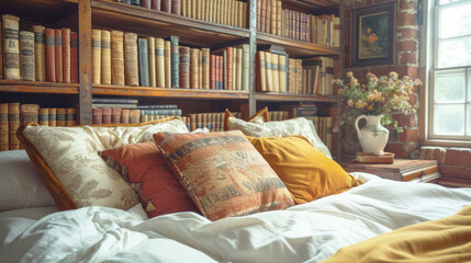 A bed completely covered with a plethora of colorful and fluffy pillows