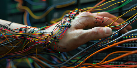 A cybernetically enhanced hand navigates expertly through a maze of wires and circuitry, reflecting the technological artistry beneath