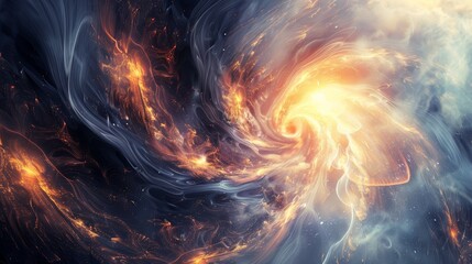 Abstract swirling fiery and blue nebula with light effects. Digital art background. Space and cosmic theme for design and print