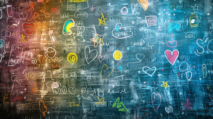 Obraz premium A chalkboard covered in various drawings and sketches