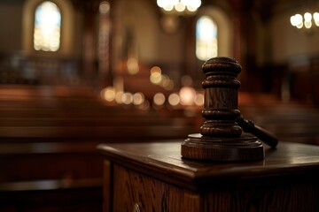 A judges gavel sits on a wooden table in a dimly lit courtroom setting