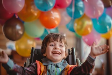 A young boy with a disability in a wheelchair reaching out for balloons in the background