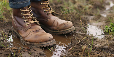 Determined Hikers' Trudge Through Muddy Fields: Worn Brown Leather Boots Leave Their Mark