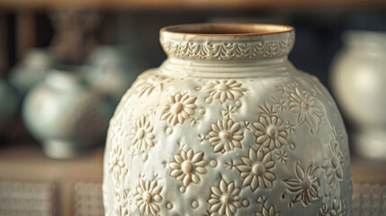 A white vase placed on top of a wooden table