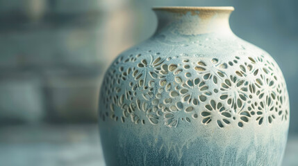 A vase sits on a table next to a window, illuminated by natural light