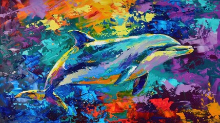 Oil painting of a dolphin on canvas. Colorful abstract background