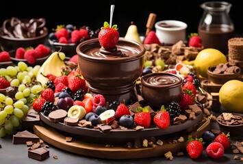A chocolate fondue with a variety of fruits such as strawberries, grapes, and apples.