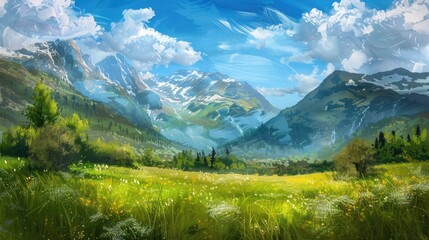 Oil painting style illustration of a beautiful green landscape with a meadow and mountains