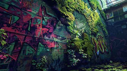 Mossy wall with graffiti, Urban, Greens and bright colors, Digital painting