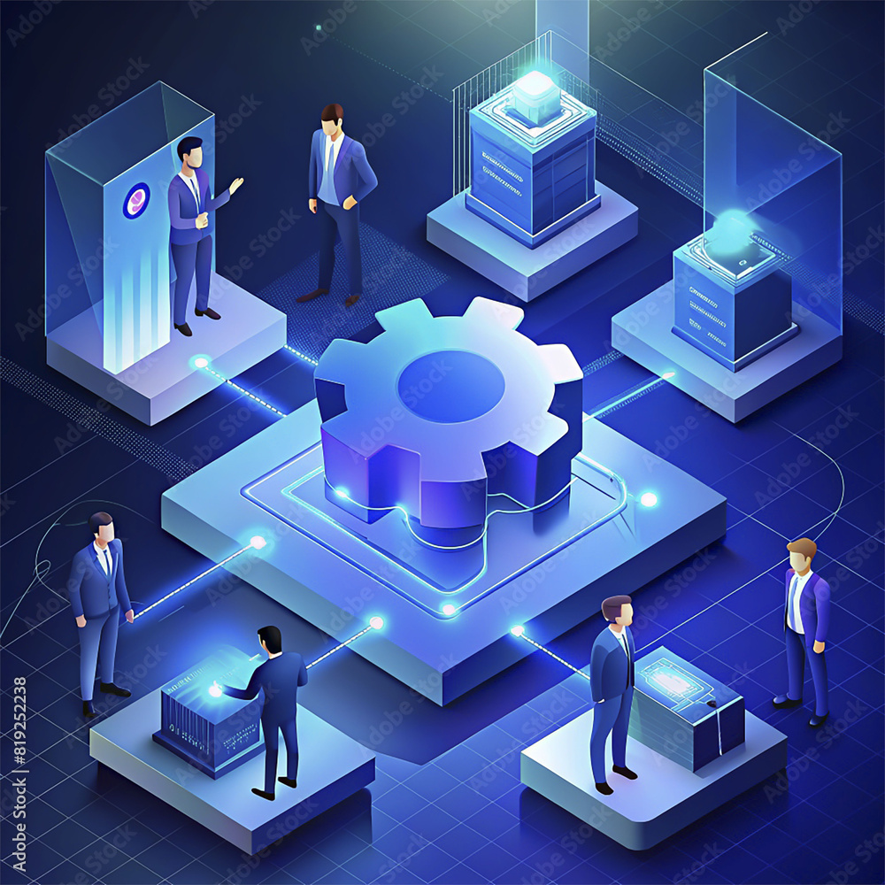 Aufkleber graphic illustration of a team of people in suits working together with technological connections an