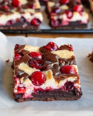 Close-up of a cherry cheesecake brownie with gooey cherry pieces and cream cheese swirls