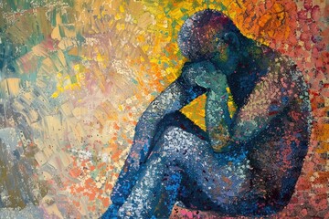 A realistic painting of a person sitting on a chair. Suitable for interior design projects