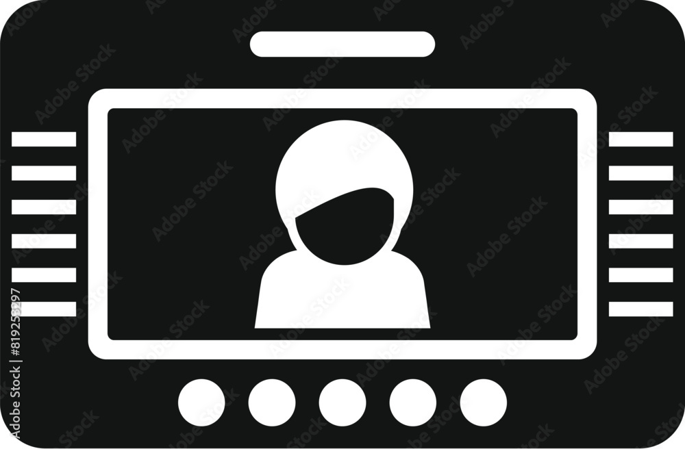 Poster black and white icon featuring a stylized avatar on an electronic device screen, suitable for user i