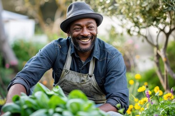 Joyful Man Cultivating Garden