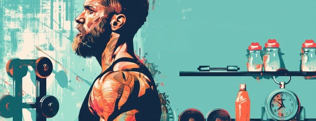 A muscular man is standing in front of a blue background He is wearing a black tank top and black shorts He has his hands on his hips and is looking to the left There is a shelf on the wall behind him