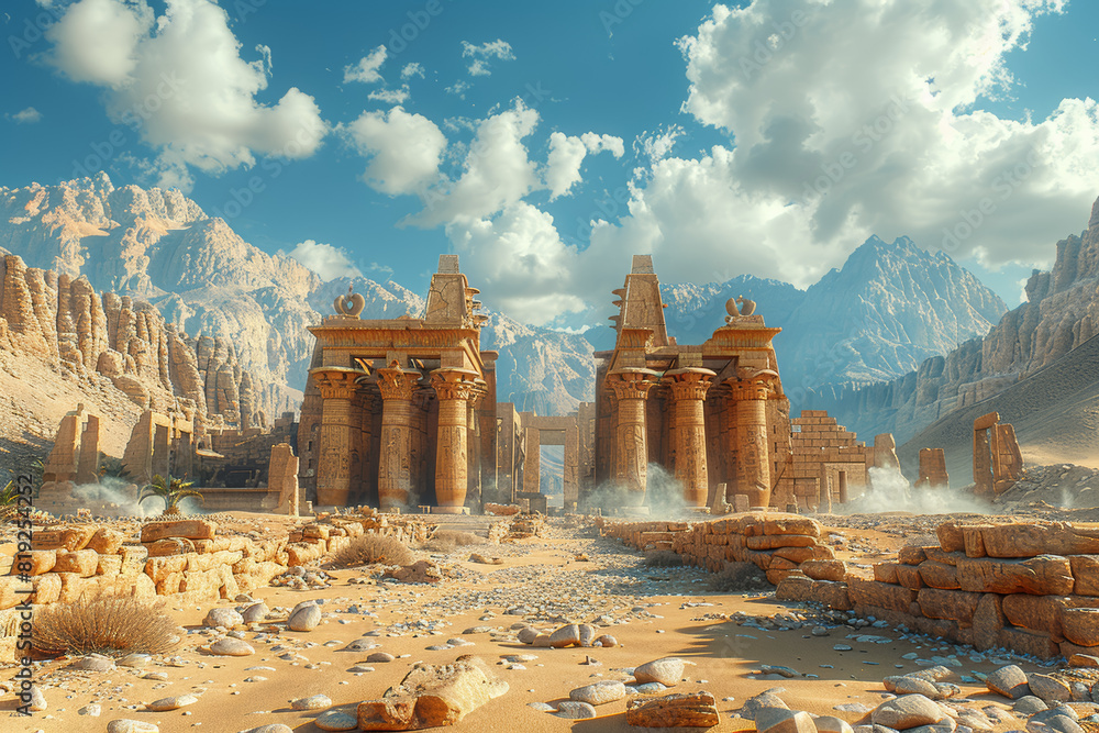 Poster a virtual reality experience transporting users to distant lands and ancient civilizations, offering