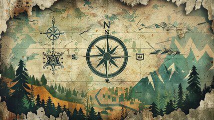 Vector art of a compass rose embedded in a weathered map, surrounded by symbols of mountains, rivers, and forests. 