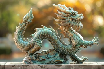 Obraz premium A dragon statue perched on a table, suitable for fantasy themes
