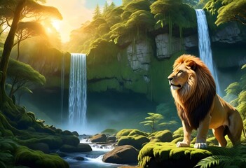 lion sitting by waterfall (105)