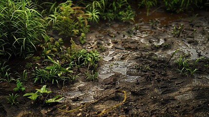 Riverbank with mud and vegetation, riparian zone, dark browns and greens, highresolution photography, detailed mud and plant textures